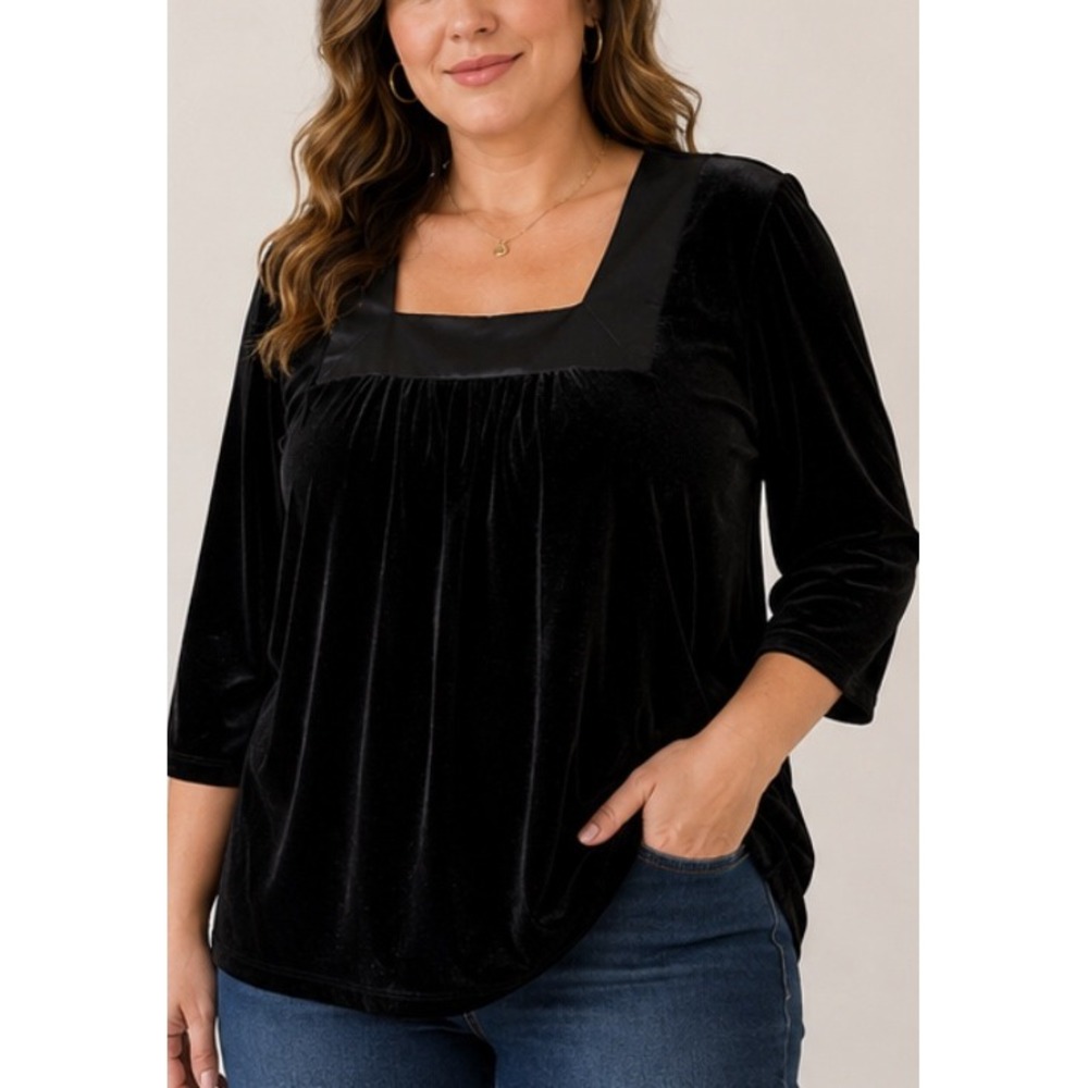 MSK Suzie Couture Woman Black Velvet Tunic Top 1X Square Neck 3/4 Sleeve Plus